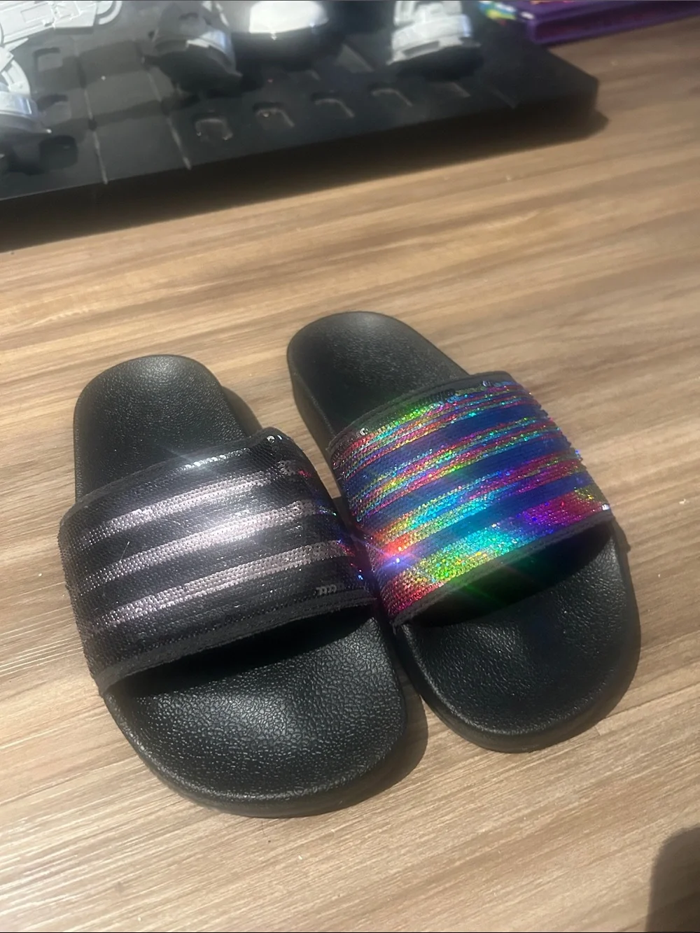Kids Black Slides with Rainbow Sequin Strap